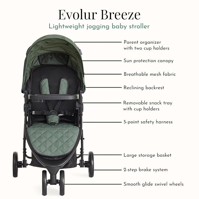 Evolur Breeze Stroller in Green, Adjustable Backrest & Canopy, Compact Fold - Image 4