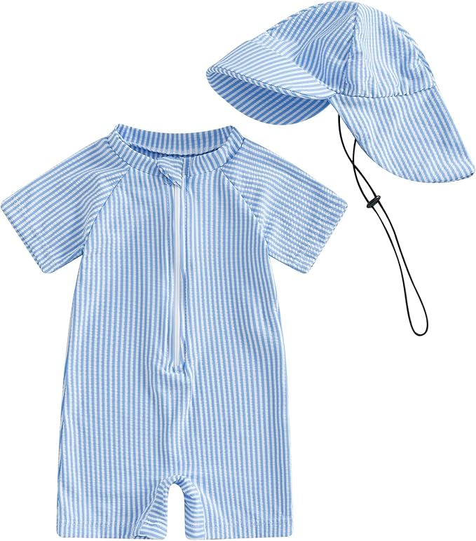 Toddler Baby Boys Seersucker Short Sleeve One Piece Rash Guard Swimsuit Zipper by Nibbcoa