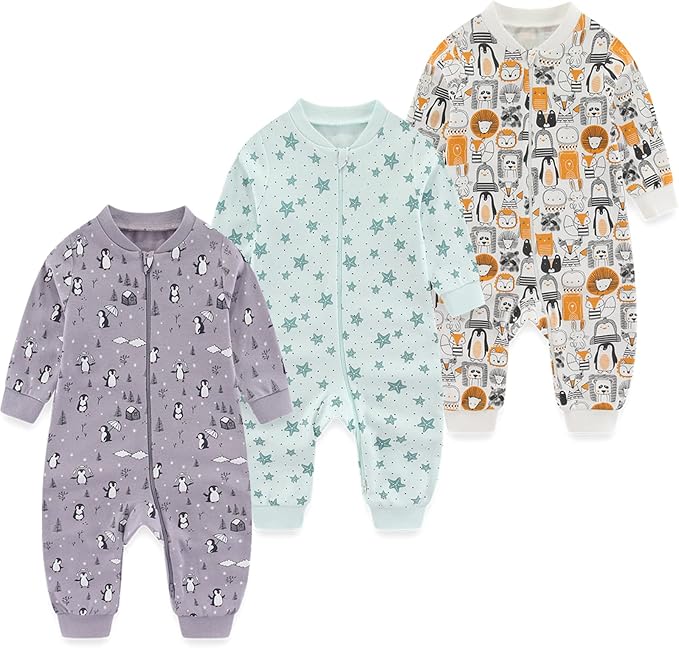 Newborn Baby 2-way Zipper Romper Cotton One-piece Jumsuit 3-pack, 0-24 Months by MAMIMAKA
