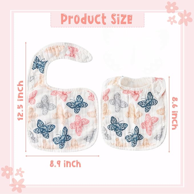 Zainpe 6Pcs Snap Muslin Cotton Baby Bibs Spring Butterflies Flowers Bib - Image 2