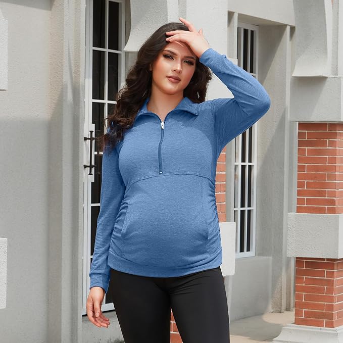GINKANA Maternity Women's Long Sleeve Shirt Half Zipper Lapel Lightweight - Image 4