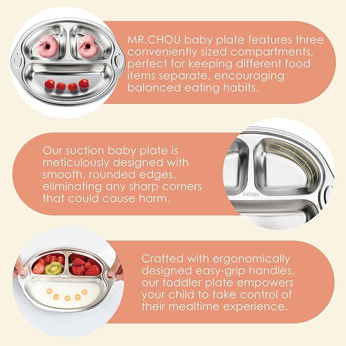 MR. CHOU Stainless Steel Divided Toddler Plate, Suction Baby Plates - Image 2