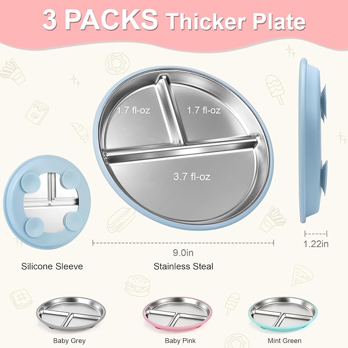 Bella's Friends Stainless Steel Toddler Plates Silicone Suction, 3 Packs - Image 4