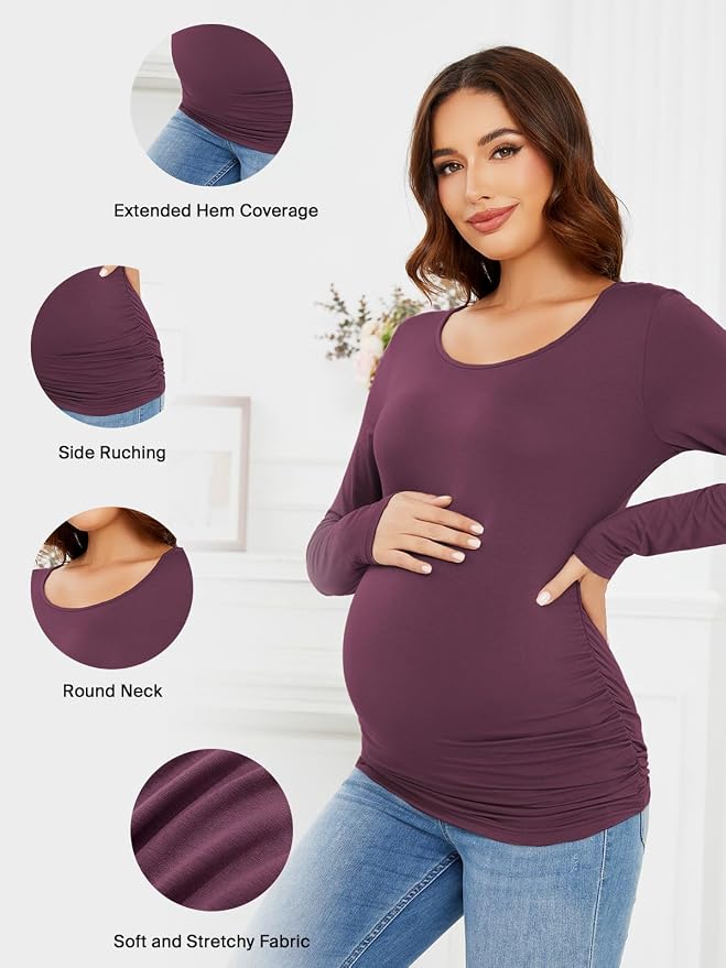 Ecavus Women's Maternity Shirts Long Sleeve Soft Stretchy Pregnancy Tops Side - Image 2