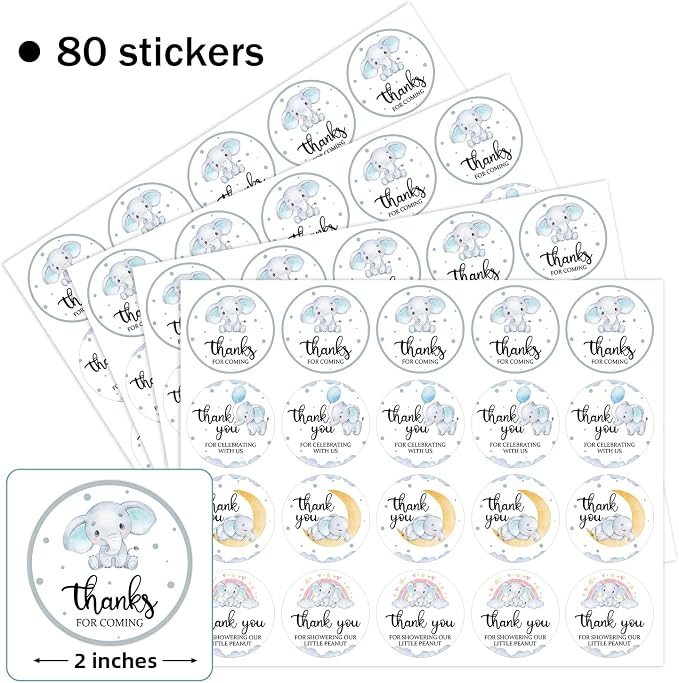 80 Pieces Cute Elephant Thank You Stickers, Baby Shower Birthday Party Decorate - Image 2