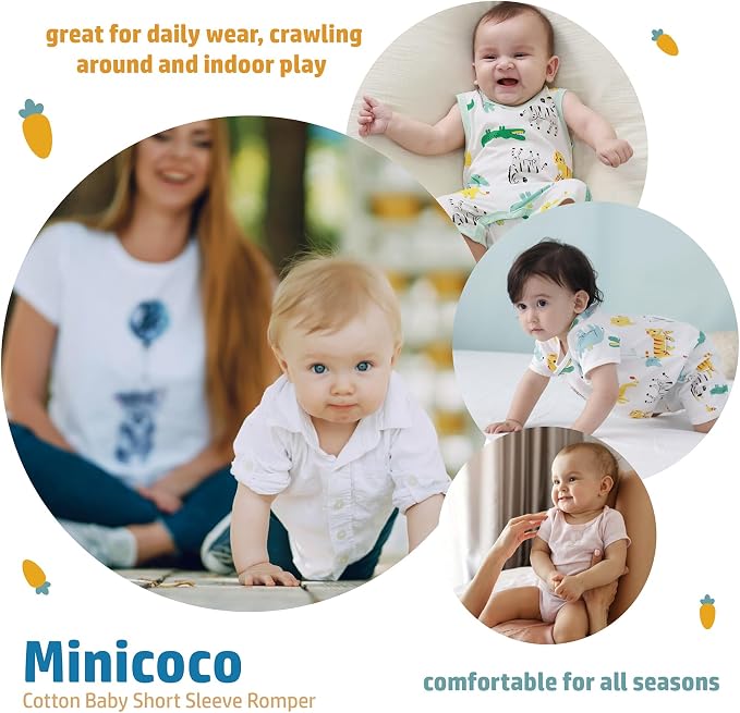 3-Pack 100% Cotton Baby Boy Rompers, 0-24Months Short Sleeve Toddler Romper - Image 5
