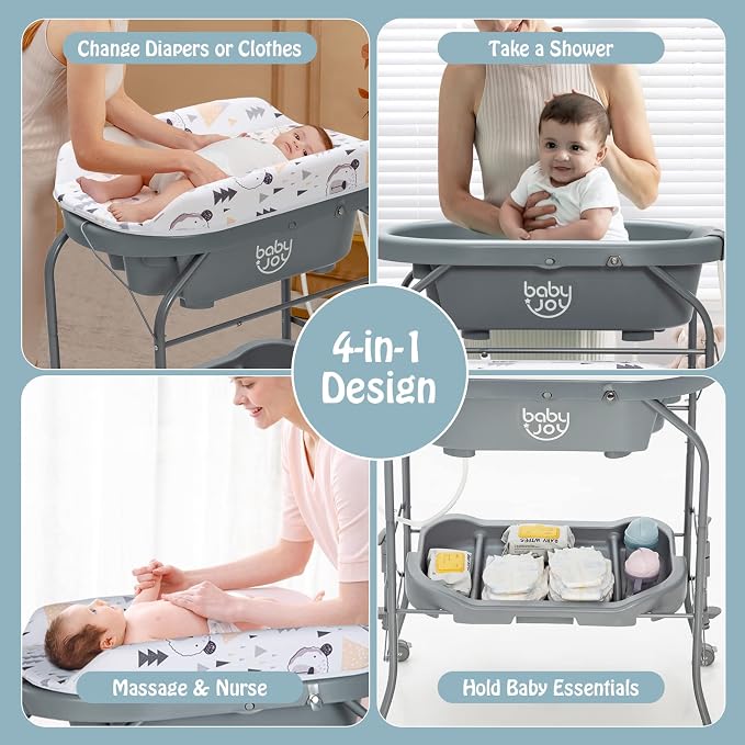 BABY JOY Baby Bathtub with Changing Table, Foldable Infant Diaper Changing - Image 2