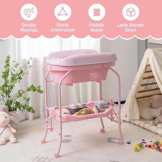 BABY JOY Baby Bathtub with Changing Table, Foldable Infant Diaper Changing - Image 9