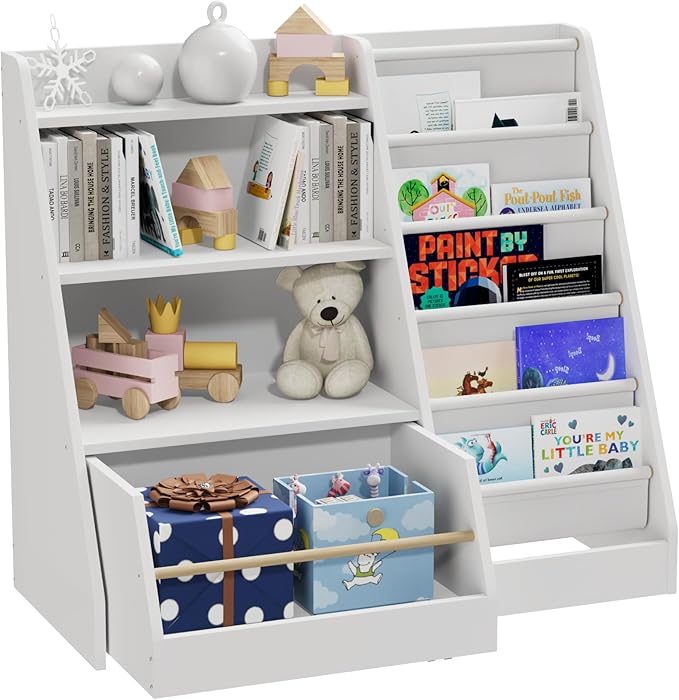 Kids Bookshelf with Toy Storage Organizer Movable Drawer, Toddler Bookcase 5 by HedoAjim