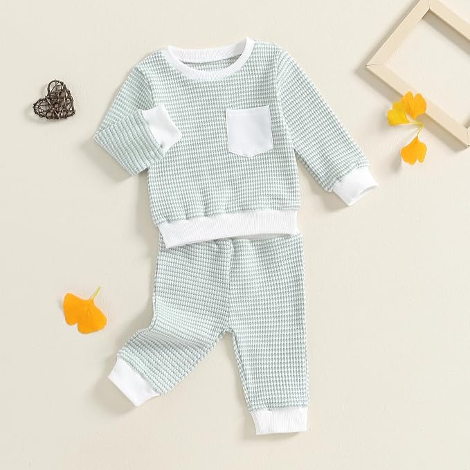 Toddler Baby Boy Fall Clothes Waffle Outfit Long Sleeve Color Blocking - Image 5