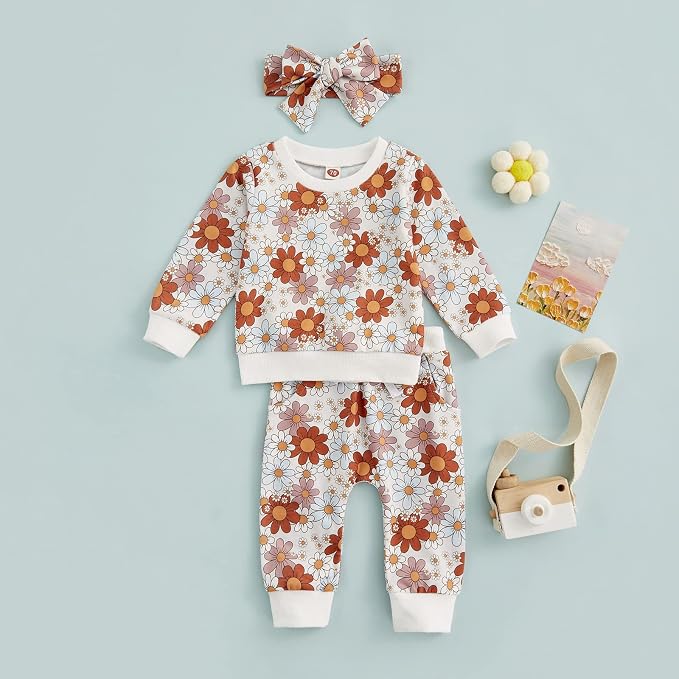 3Pcs Baby Girl Outfits Daisy Sweatshirt + Pants + Headband Infant Fall Winter - Image 5