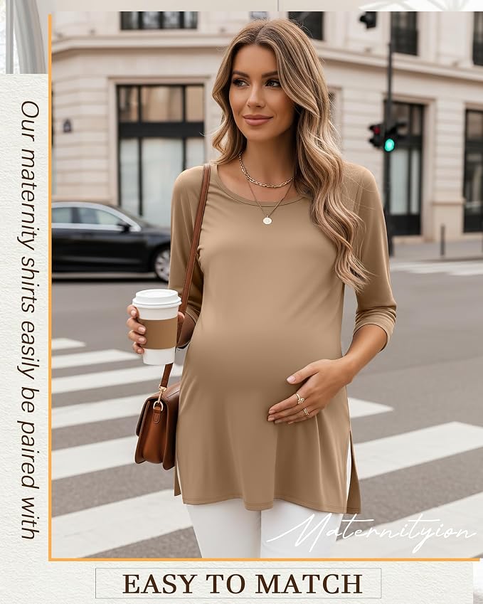 3 Pack Women's 3/4 Sleeve Maternity Shirts Elbow Length Clothes Round Neck - Image 2