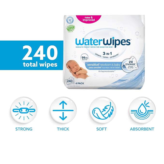 WaterWipes Sensitive+ Newborn & Baby Wipes, 3-In-1 Cleans, 99.9% Water - Image 2