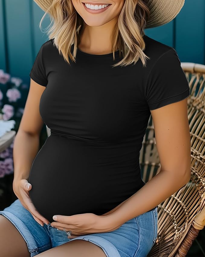 Huukeay 4 Pack Women's Maternity Shirts, Crew Neck Maternity Top Short Sleeve - Image 5