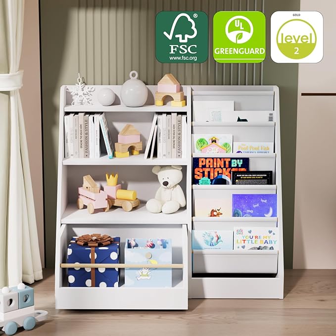 Kids Bookshelf with Toy Storage Organizer Movable Drawer, Toddler Bookcase 5 - Image 4