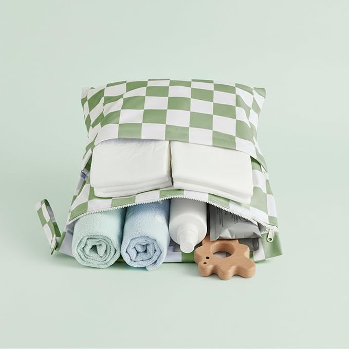 Sage Green Checkered Waterproof Wet Dy Diaper Bag - Image 2