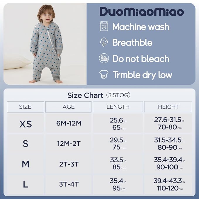 Duomiaomiao 3.5 TOG Toddler Sleep Sack 12-24 Months 100% Cotton Winter Side - Image 6