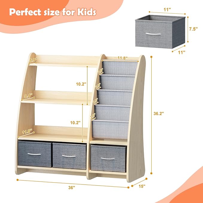 Kids Bookshelf Wood Toy Storage Organizer Cabinet Children Bookcase Toddler - Image 2