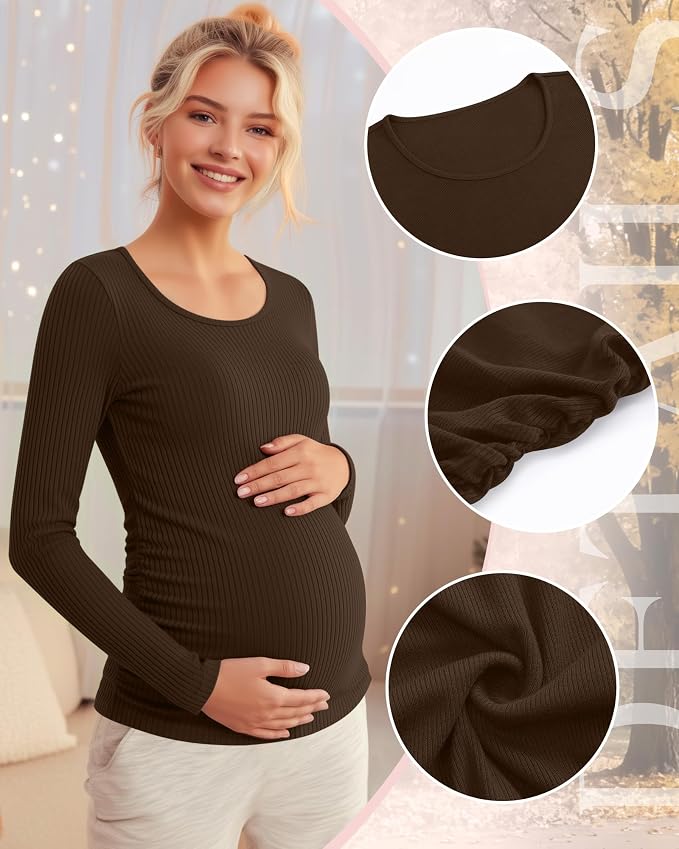 Riyiper 4 Pack Women's Maternity Shirts, Long Sleeve Cotton Ribbed Pregnancy - Image 5