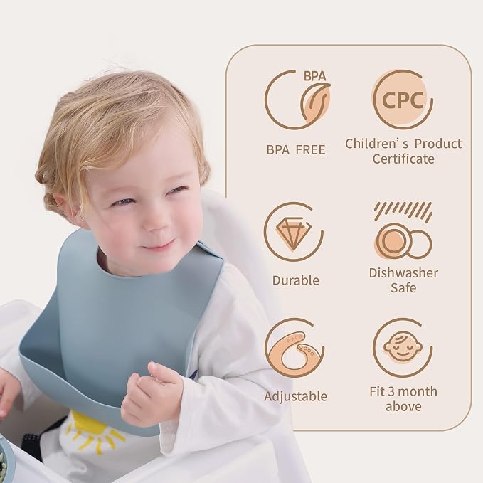 Moonkie Silicone Bibs Set Of 3, BPA Free Soft Adjustable Fit Waterproof Feeding - Image 2