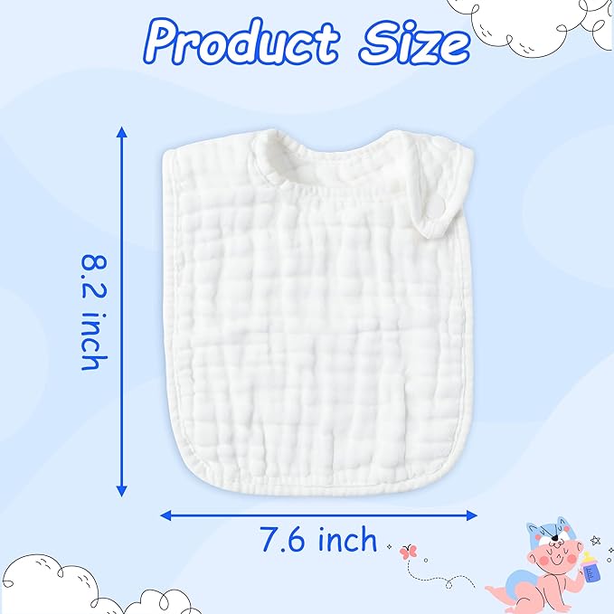 Zainpe 6Pcs Snap Muslin Cotton Baby Bibs White Adjustable Drool Bib - Image 2