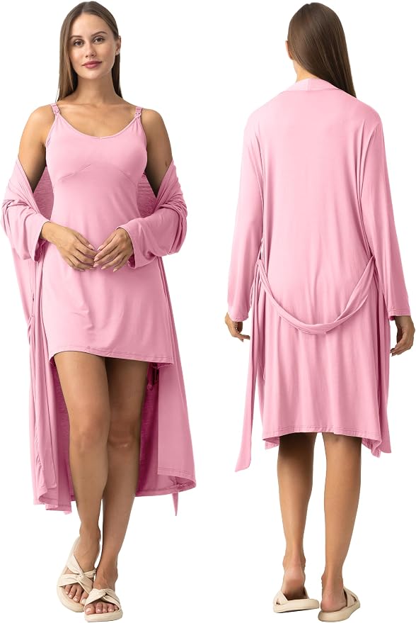 SUNNYBUY Women's Nursing Nightgown Maternity Robe Set, 3 in 1 Labor Delivery - Image 3