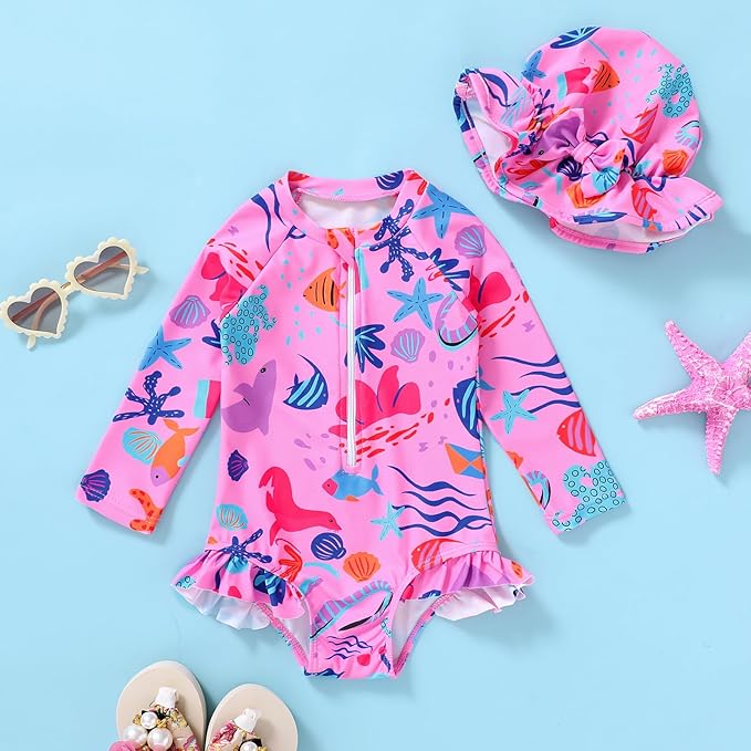 Infant Baby Girl Swimsuit One-Piece Long Sleeve Rash Guard - Image 2