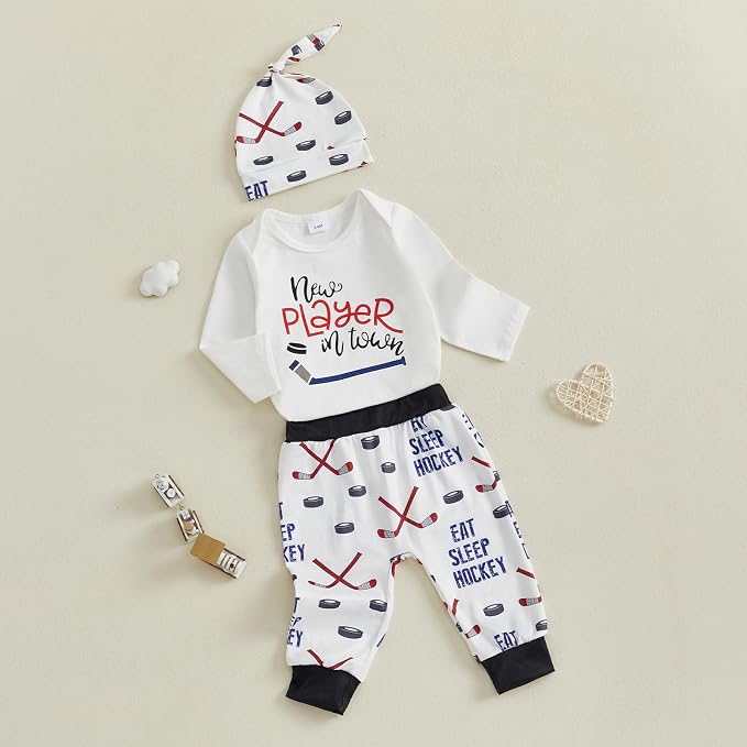 Baby Boy Hockey Outfit New Player in Town Long Sleeve Romper Long Pants Hat Set - Image 3