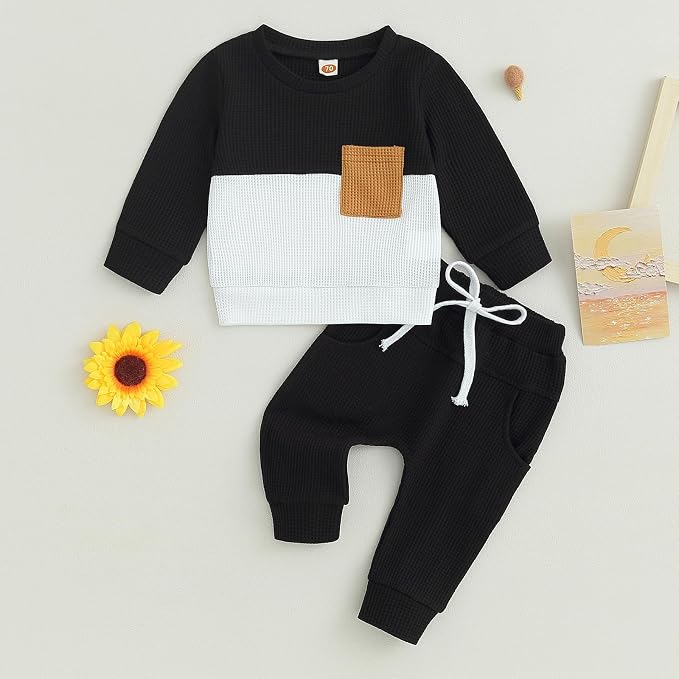 Toddler Baby Boy Fall Clothes Waffle Contrast Color Sweatshirt Pants Sets - Image 2