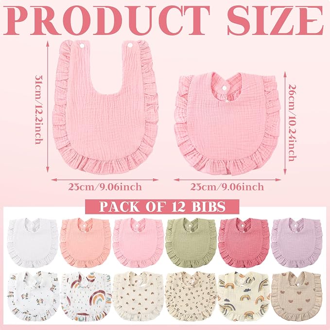 Geyoga 12 Pack Muslin Baby Bibs Adjustable Bandana Drool Bib - Image 3