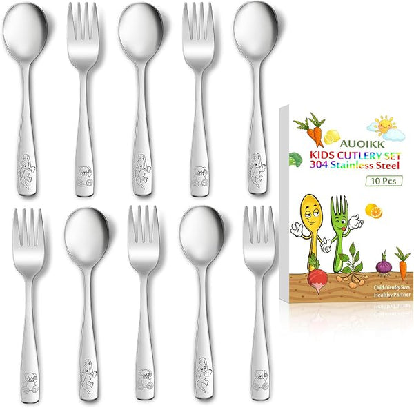 10-Piece Toddler Flatware, Kids Utensils Stainless Steel Cutlery Set, Children by AUOIKKHOMEGARDEN