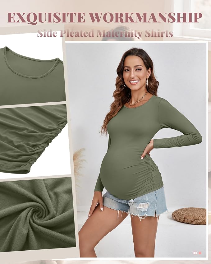 Ficerd 3 Pack Women's Maternity Shirts, Long Sleeve Side Ruched Pregnancy Tee - Image 6