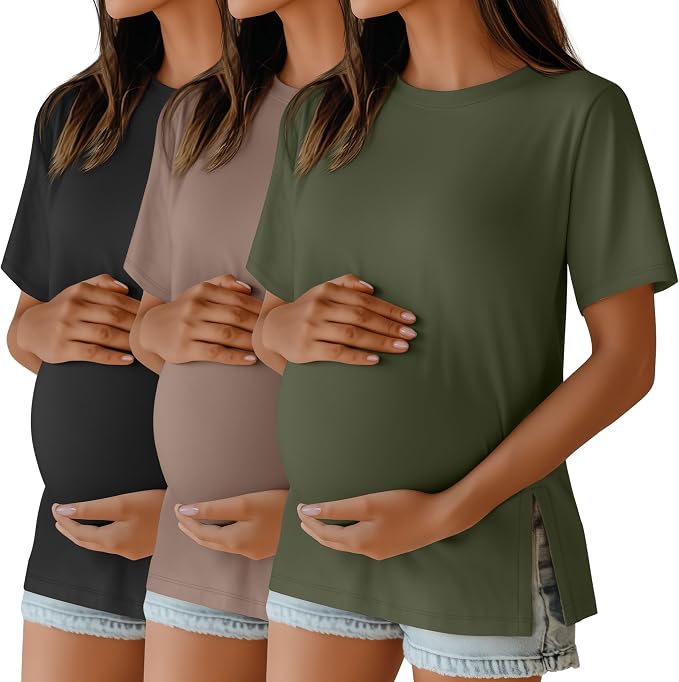 Ficerd 3 Pack Women's Maternity T Shirts, Short Sleeve Side Split Pregnancy by Ficerd