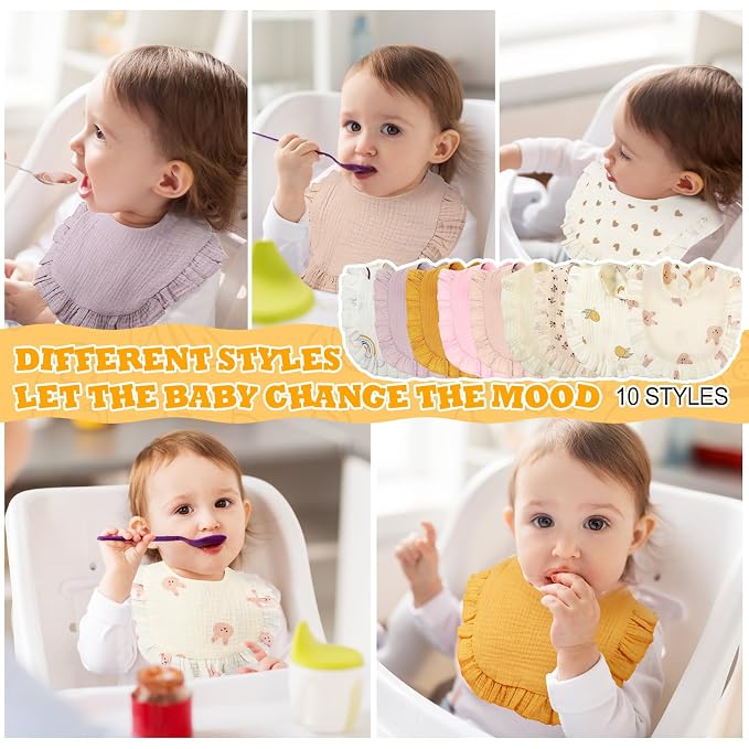Mepase 10 Pcs Large Muslin Baby Girl Bibs Drool Teething Bibs Lap Shoulder - Image 5