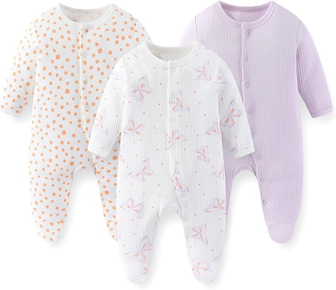 Unisex Baby Boy Girl Footies Rompers Cotton Long Sleeve 3 Pack Infant Jumpsuits by JELYLOVE