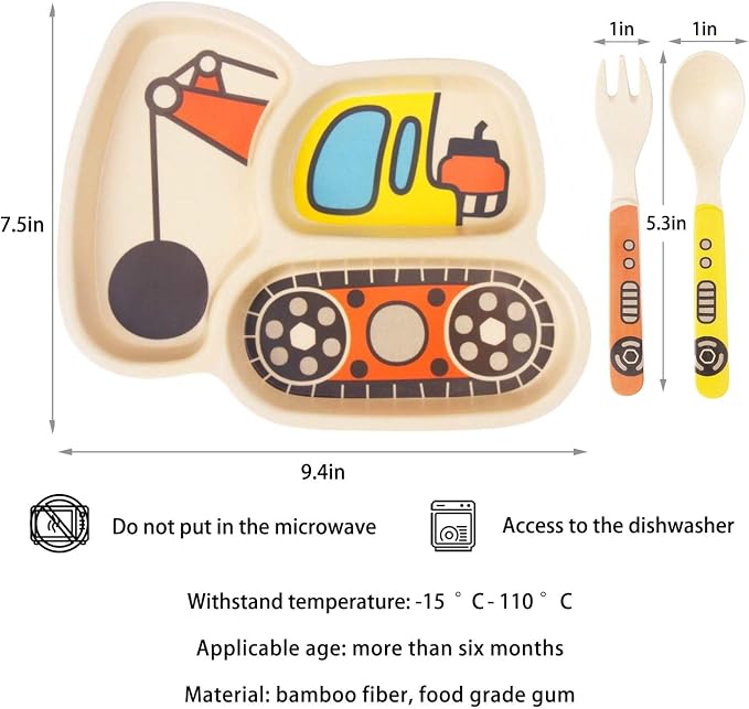 Kid Plate Set Bamboo Toddler Plates Dinnerware Dinner Dish Set Baby Feeding - Image 3