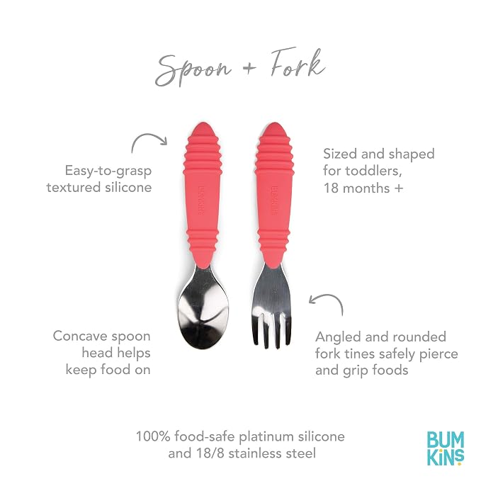 Bumkins Toddler Utensils, Kids Size Fork and Spoon Set, Silicone and - Image 2