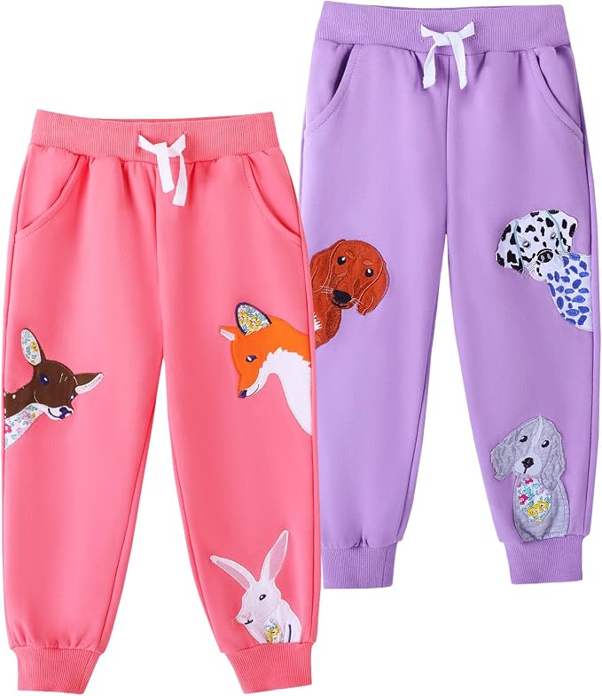 HILEELANG Girls Cotton Joggers Sweatpants Embroidery Drawstring Waist Pockets by HILEELANG