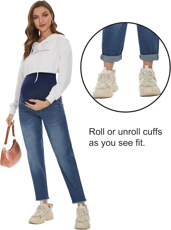 POSHGLAM Women's Maternity Jeans Over Belly Comfy Stretch 28'' Boyfriend Jeans - Image 3