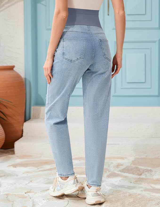 POSHGLAM Women's Maternity Jeans Over Belly Comfy Stretch 28'' Boyfriend Jeans - Image 5