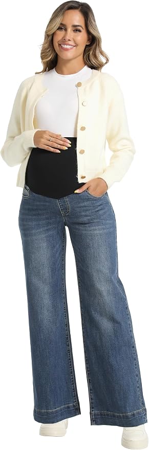 Foucome Women's Maternity Jeans Wide Leg Trendy Comfy Stretchy Straight Leg - Image 6