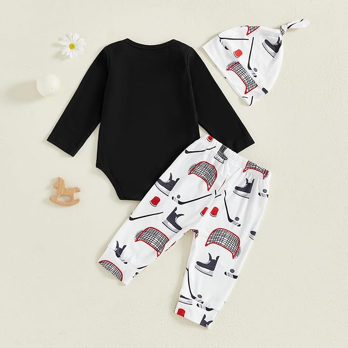 Baby Boy Hockey Outfit New Player in Town Long Sleeve Romper Long Pants Hat Set - Image 4