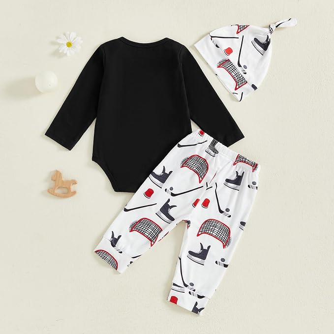Baby Boy Hockey Outfit New Player in Town Long Sleeve Romper Long Pants Hat Set - Image 4