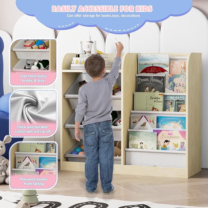 Natural Kids Wood Bookshelf Toy Storage Box Organizer Shelf W/4 Removable - Image 6