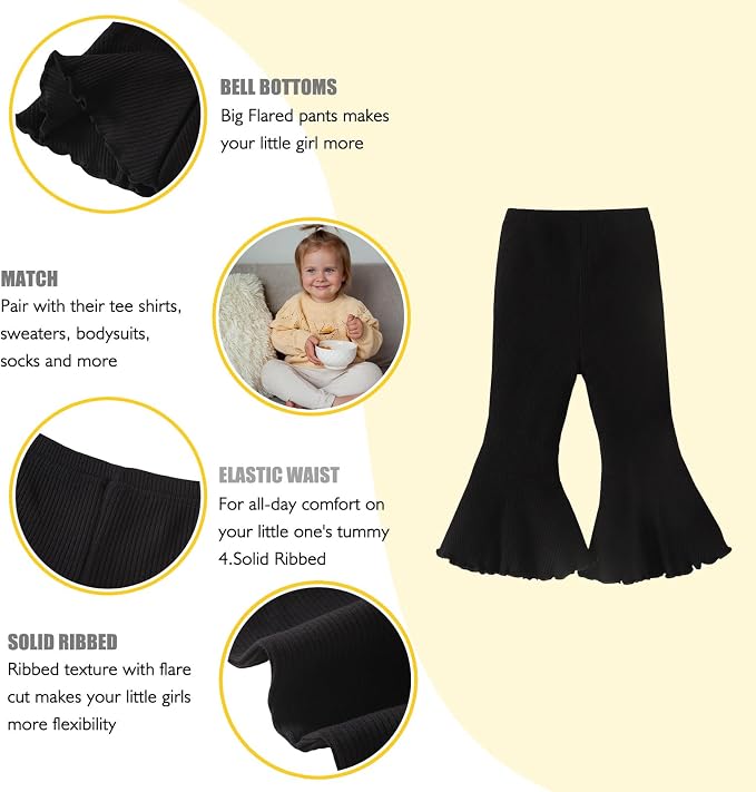 SOBOWO Baby Girl Flare Pants 3 Pack Toddler Solid Ribbed Ruffle Bell Bottoms - Image 2
