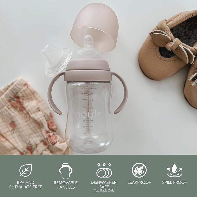 noüka Transitional Baby Bottle/Sippy Cup | Non Spill | Easy Grip Double Handles - Image 2