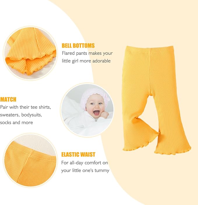 SOBOWO Baby Girl Flare Pants 3 Pack Toddler Solid Ribbed Ruffle Bell Bottoms - Image 2