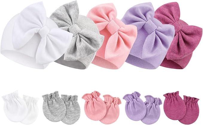 BQUBO Newborn Baby Girls Hats Mittens Set Hospital Hat Beanie Infant Bow Hats by DRESHOW