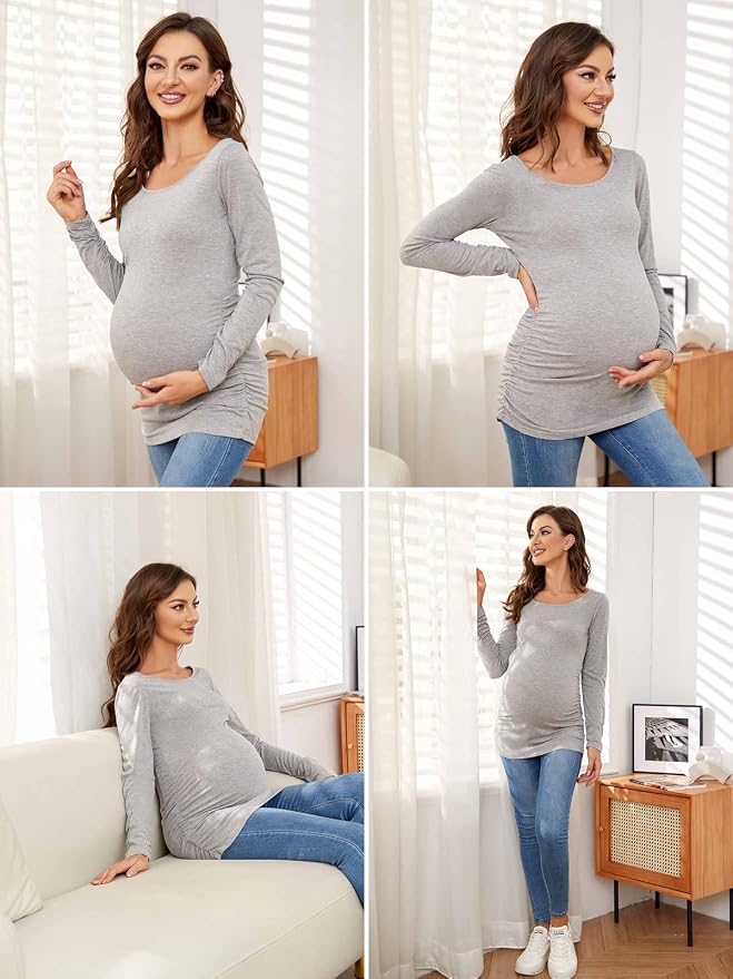 Ecavus Women's Maternity Shirts Long Sleeve Soft Stretchy Pregnancy Tops Side - Image 5