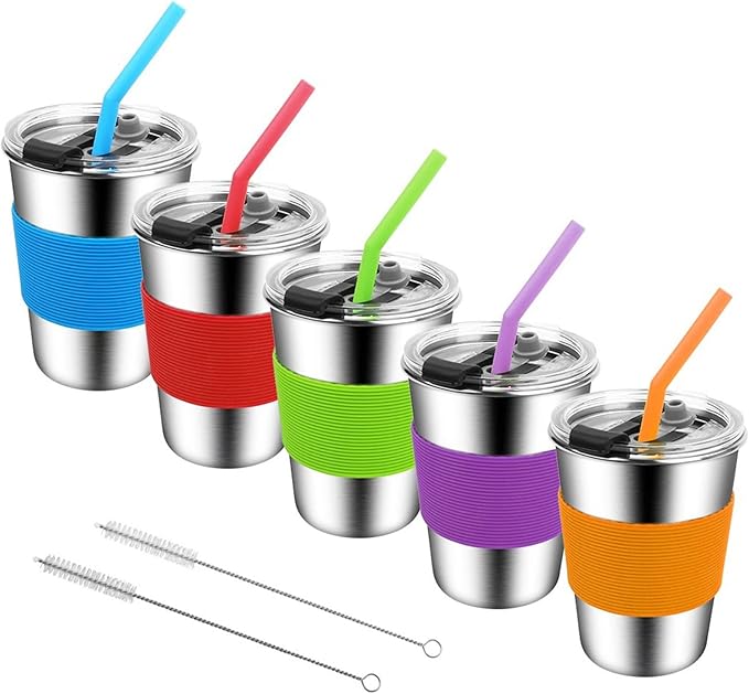 Kids Cups with Straws and Lids, 5 Pack 12oz Spill Proof Toddlers Straws Tumbler by Vermida